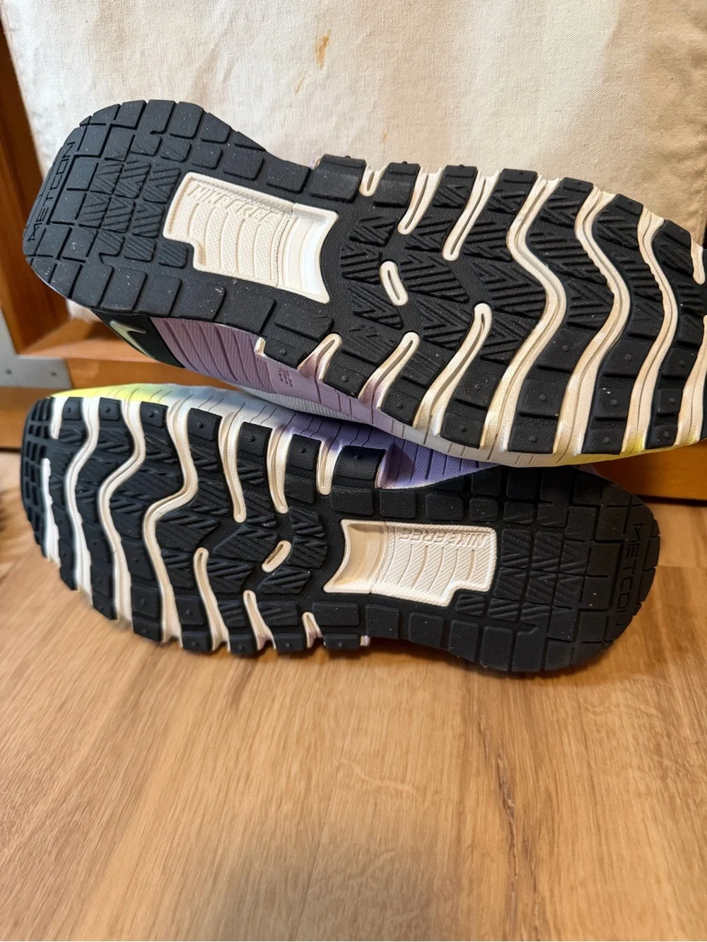 Nike Women's Cream Knit Metcon Athletic Sneakers with Purple Heel and Yellow Toe